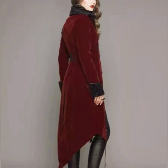 Devil Fashion Romantic Red Velvet Victorian Embroidered Steampunk Goth Jacket - Picture 7 of 9